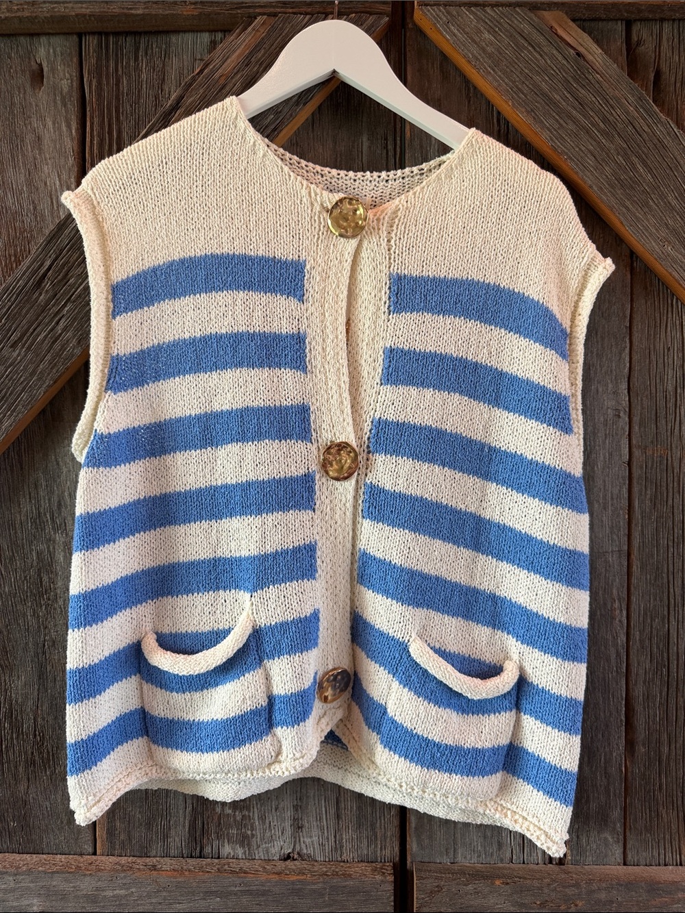 She + Sky Cream and Blue Striped Knit Button-Front Vest